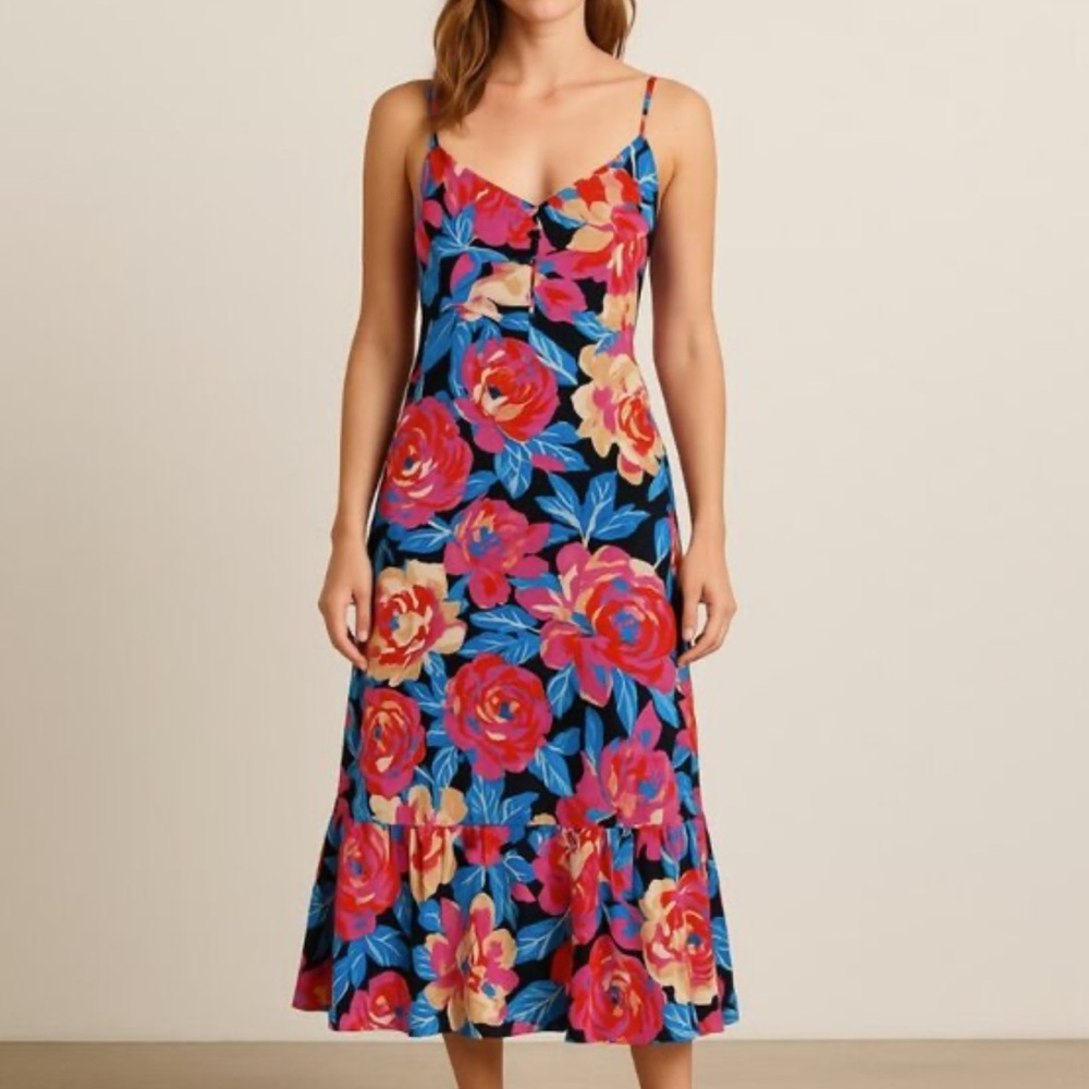 Anthropologie Tina Flounced Floral multicolor Midi Dress‎ women’s Sz 2